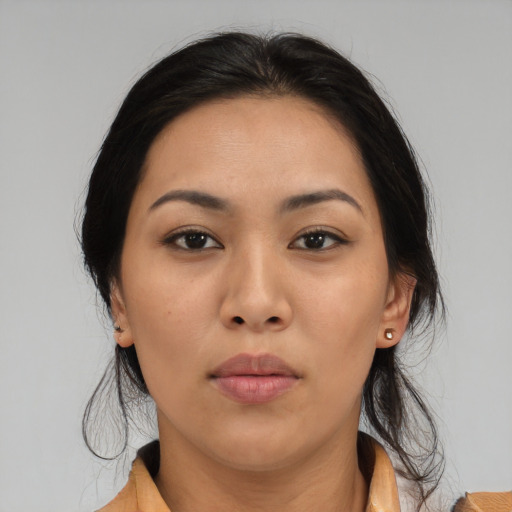 Neutral asian young-adult female with medium  black hair and brown eyes