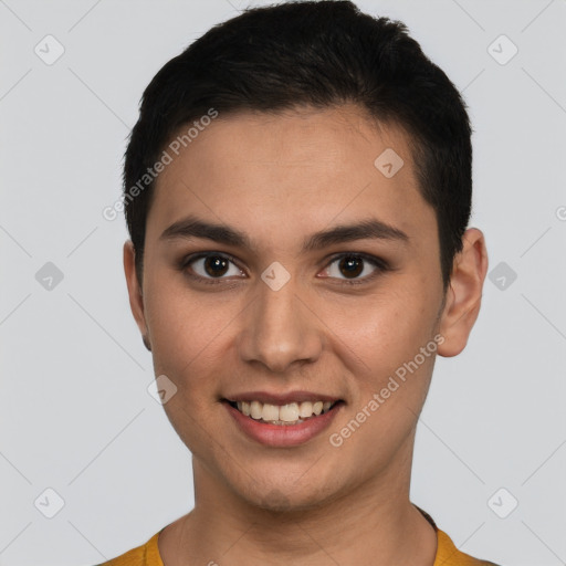 Joyful white young-adult female with short  brown hair and brown eyes