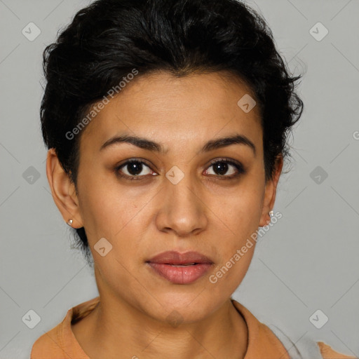 Joyful latino young-adult female with short  brown hair and brown eyes