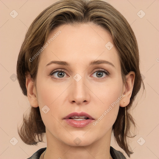 Neutral white young-adult female with medium  brown hair and brown eyes