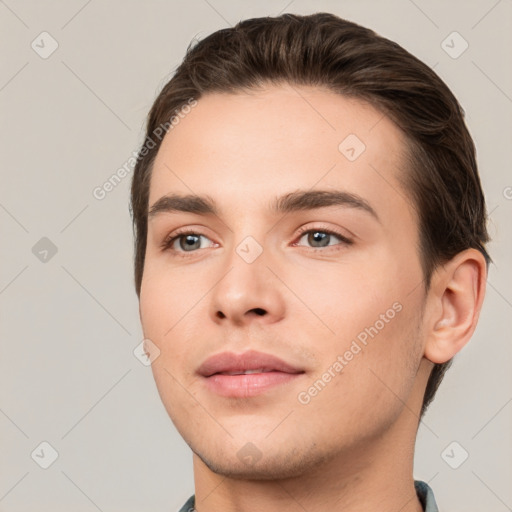 Neutral white young-adult male with short  brown hair and brown eyes