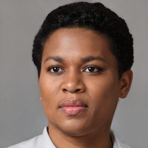 Neutral black young-adult female with short  black hair and brown eyes