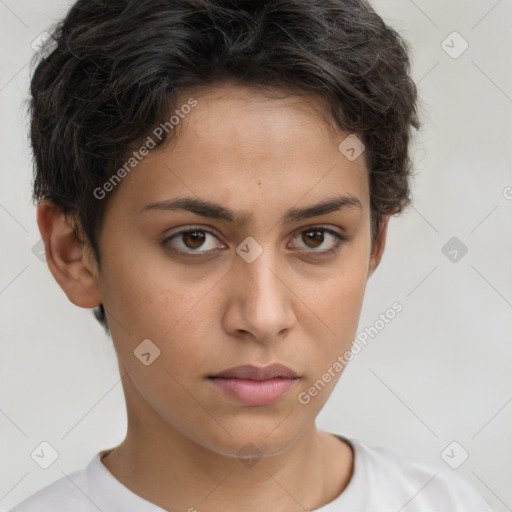 Neutral white young-adult female with short  brown hair and brown eyes