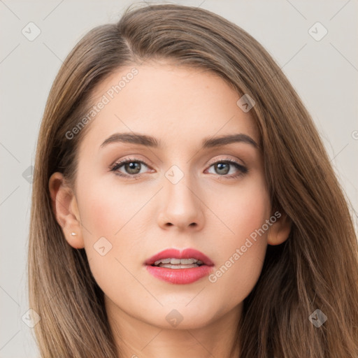 Neutral white young-adult female with long  brown hair and brown eyes