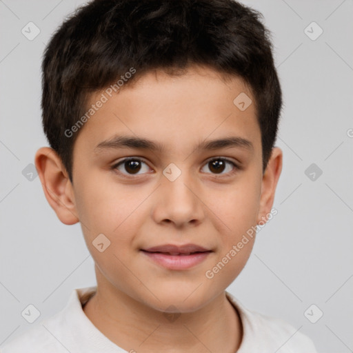 Joyful white child male with short  brown hair and brown eyes