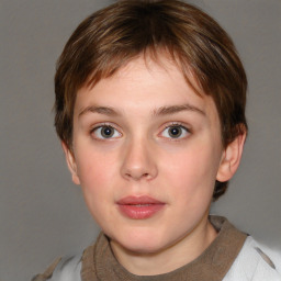 Neutral white young-adult female with short  brown hair and grey eyes