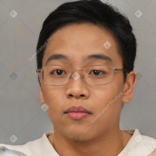 Neutral asian young-adult female with short  brown hair and brown eyes
