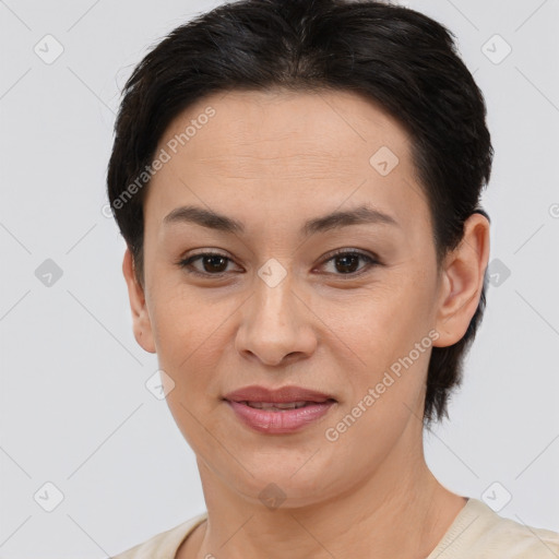 Joyful white young-adult female with short  brown hair and brown eyes