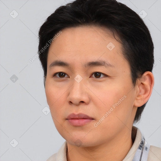 Neutral asian young-adult male with short  black hair and brown eyes