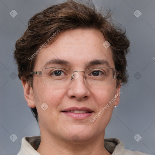 Joyful white adult female with short  brown hair and grey eyes