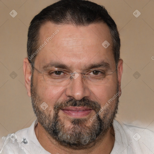 Joyful white adult male with short  black hair and brown eyes