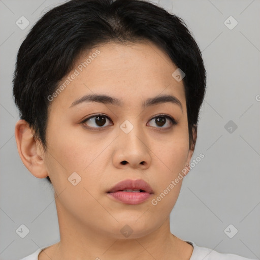 Neutral asian young-adult female with short  brown hair and brown eyes