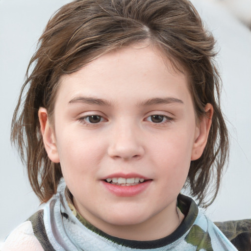 Joyful white child female with medium  brown hair and grey eyes