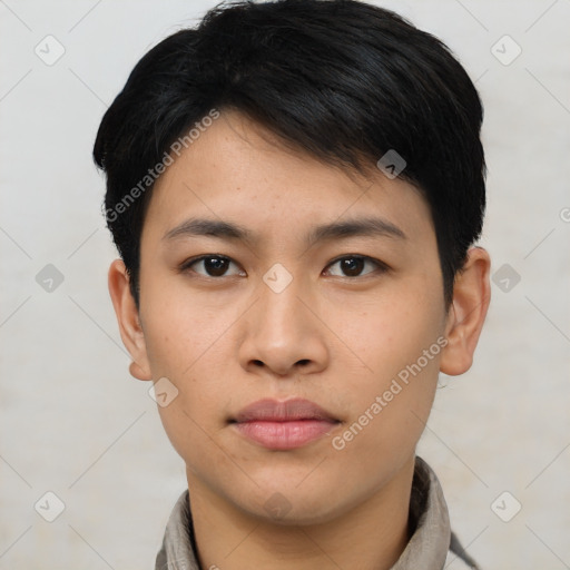 Neutral asian young-adult male with short  black hair and brown eyes