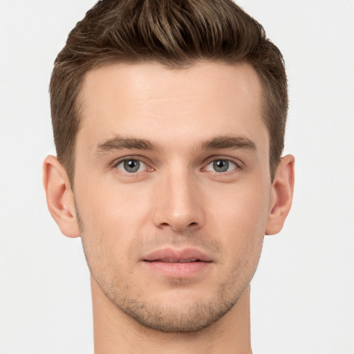 Neutral white young-adult male with short  brown hair and brown eyes