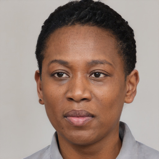 Neutral black adult female with short  black hair and brown eyes