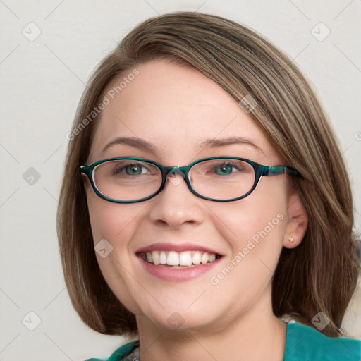 Joyful white young-adult female with medium  brown hair and blue eyes