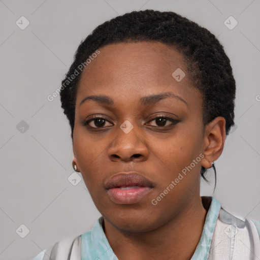 Neutral black young-adult female with short  black hair and brown eyes