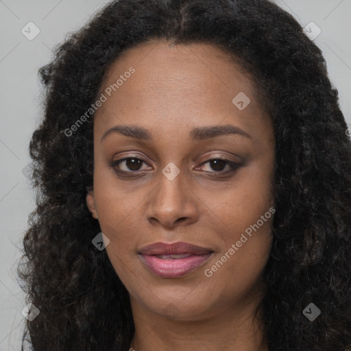 Joyful black young-adult female with long  brown hair and brown eyes