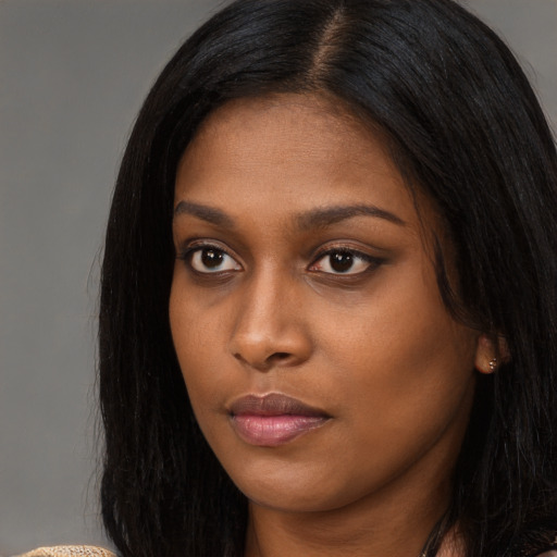 Neutral asian young-adult female with long  black hair and brown eyes