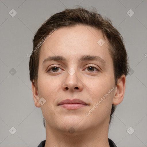 Joyful white young-adult female with short  brown hair and brown eyes