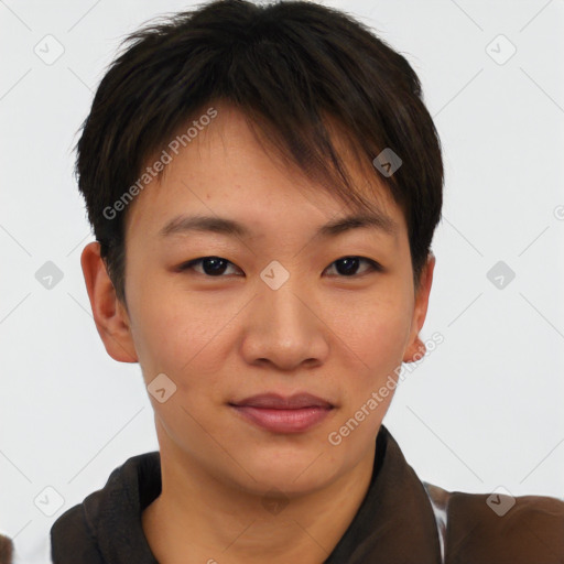 Joyful asian young-adult female with short  brown hair and brown eyes