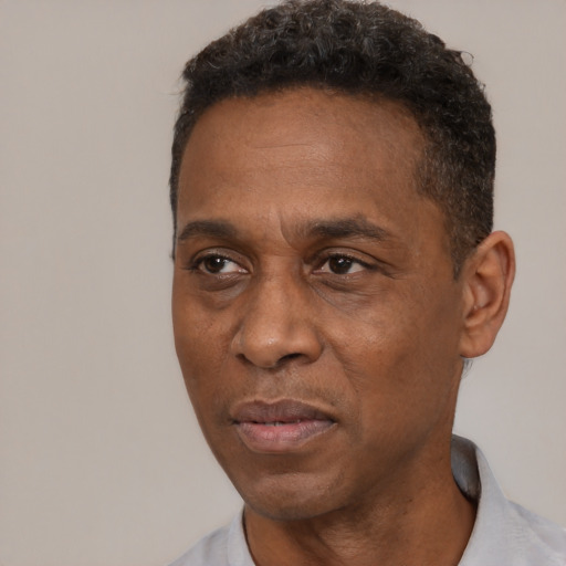 Neutral black adult male with short  black hair and brown eyes