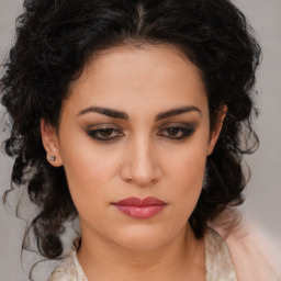 Neutral latino young-adult female with medium  brown hair and brown eyes