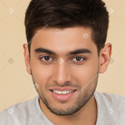 Joyful white young-adult male with short  brown hair and brown eyes