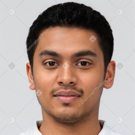 Neutral latino young-adult male with short  black hair and brown eyes