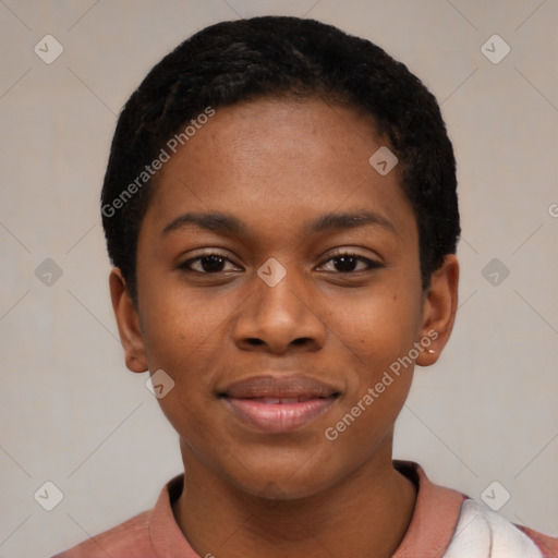 Joyful latino young-adult female with short  black hair and brown eyes