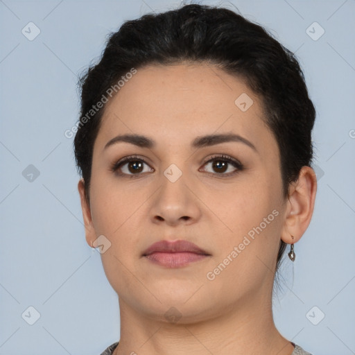 Neutral latino young-adult female with short  brown hair and brown eyes