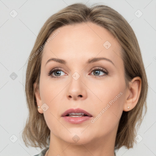 Neutral white young-adult female with medium  brown hair and grey eyes