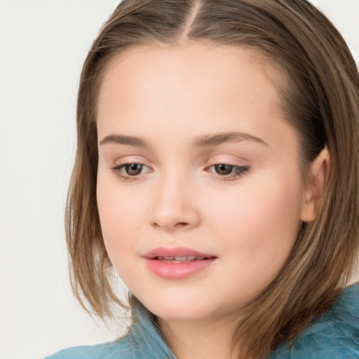 Joyful white child female with medium  brown hair and brown eyes