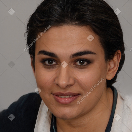 Joyful white young-adult female with medium  brown hair and brown eyes