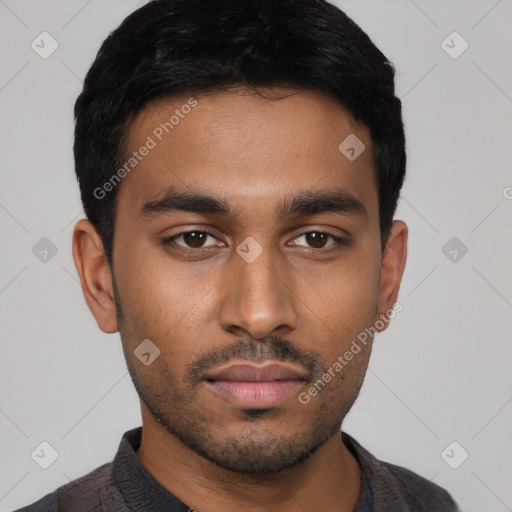 Neutral latino young-adult male with short  black hair and brown eyes