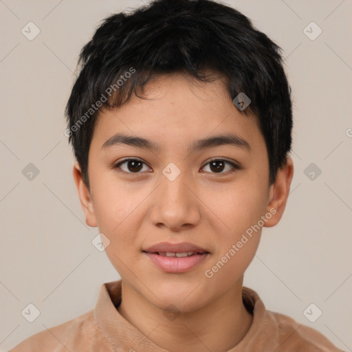 Joyful latino young-adult female with short  brown hair and brown eyes