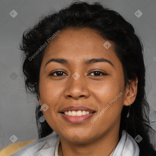 Joyful latino young-adult female with medium  black hair and brown eyes