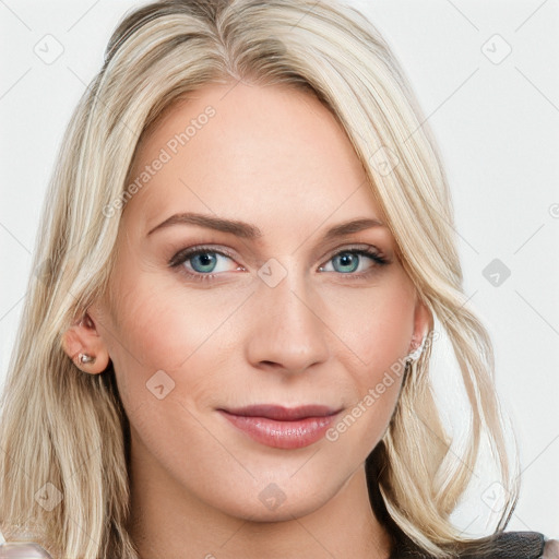 Joyful white young-adult female with long  brown hair and blue eyes