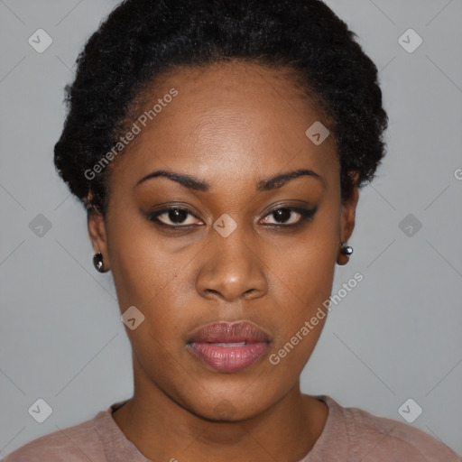 Neutral black young-adult female with short  black hair and brown eyes