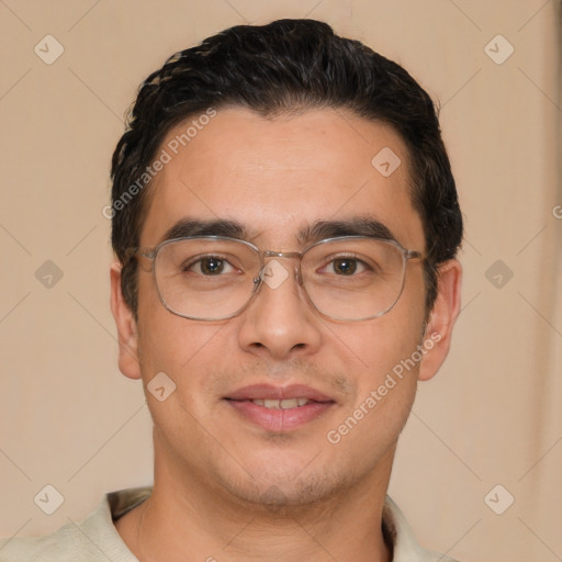 Joyful white young-adult male with short  black hair and brown eyes