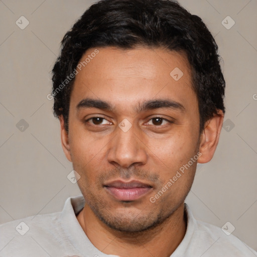 Neutral latino young-adult male with short  black hair and brown eyes