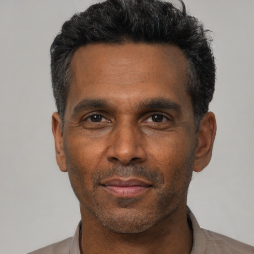 Neutral black adult male with short  black hair and brown eyes