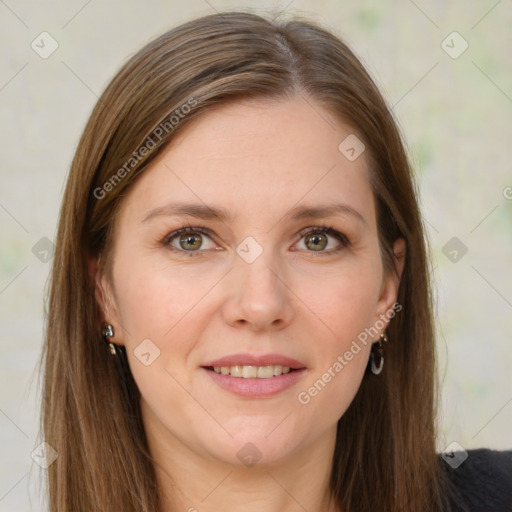 Joyful white young-adult female with long  brown hair and green eyes