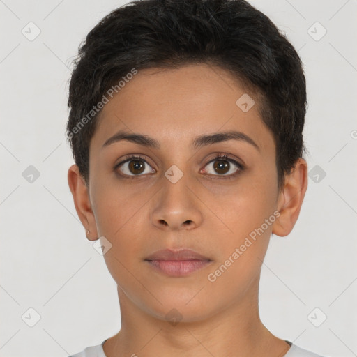 Neutral latino young-adult female with short  brown hair and brown eyes