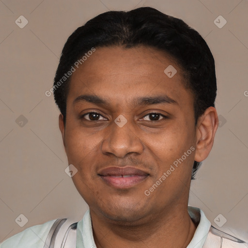 Joyful latino young-adult male with short  black hair and brown eyes