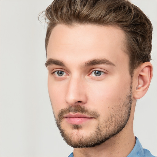 Neutral white young-adult male with short  brown hair and brown eyes