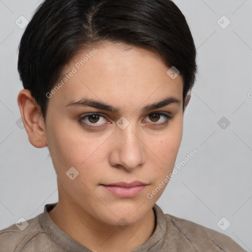 Neutral white young-adult female with short  brown hair and brown eyes