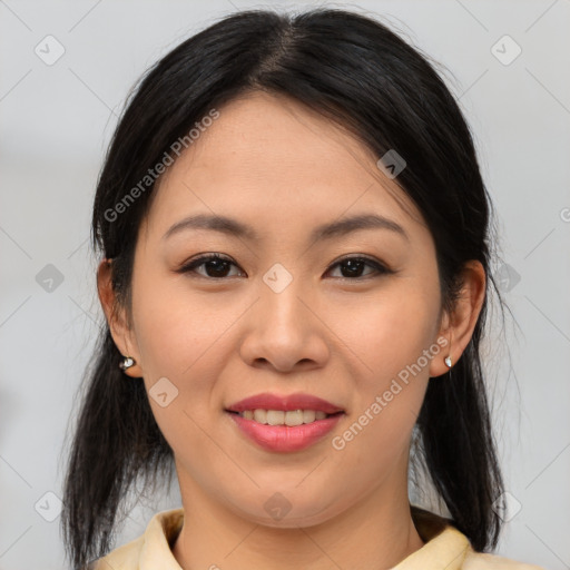 Joyful asian young-adult female with medium  brown hair and brown eyes