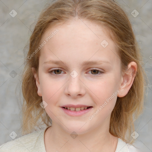 Joyful white child female with medium  brown hair and blue eyes